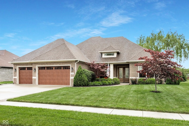 3335 Guilford Ln, Plainfield, IN 46168 - craftsman-style home featuring french doors, brick siding, an attached garage, a shingled roof, and a front lawn