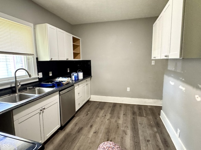 4814 E New York St, Indianapolis, IN 46201 - kitchen with dishwasher, a sink, white cabinets, dark wood finished floors, and open shelves
