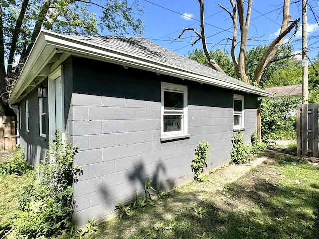 4814 E New York St, Indianapolis, IN 46201 - view of property exterior featuring concrete block siding and roof with shingles