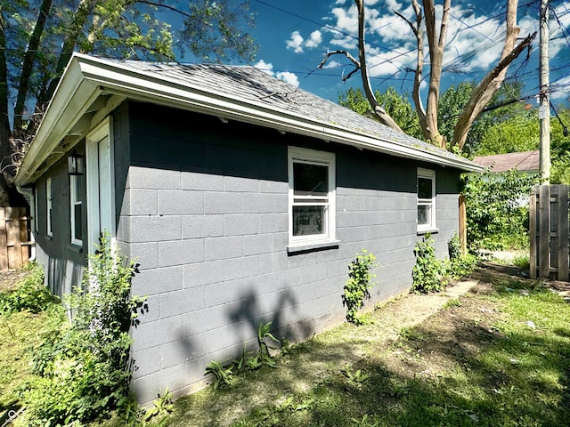 4814 E New York St, Indianapolis, IN 46201 - view of property exterior featuring concrete block siding and a shingled roof