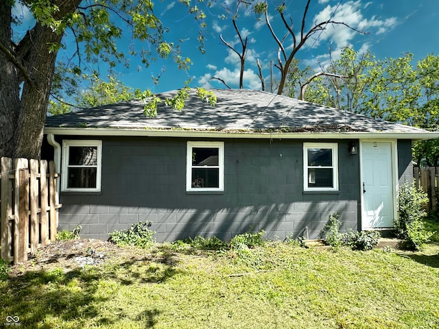 4814 E New York St, Indianapolis, IN 46201 - view of property exterior featuring concrete block siding and a shingled roof