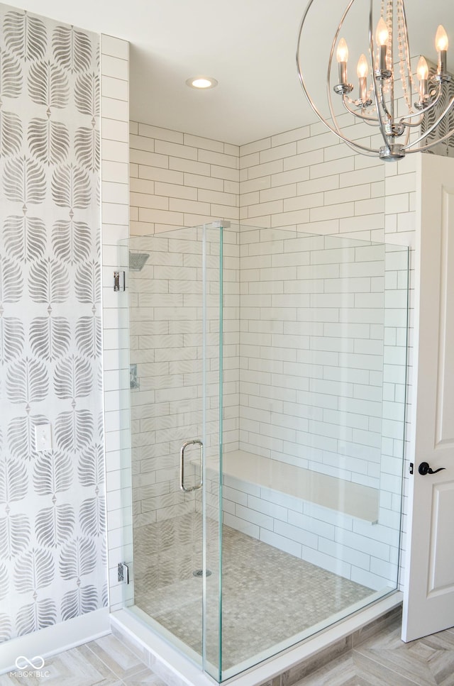 987 Oak Terrace Rd, Westfield, IN 46074 - full bathroom with a stall shower, a chandelier, and recessed lighting