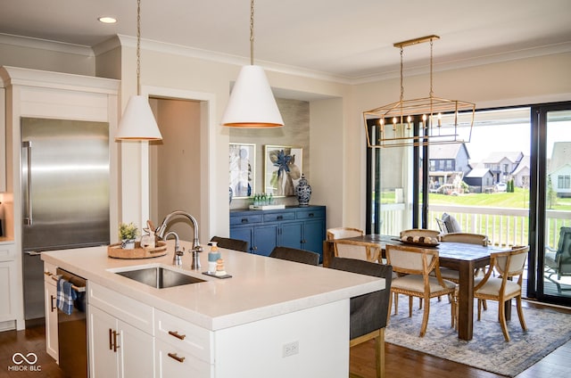 987 Oak Terrace Rd, Westfield, IN 46074 - kitchen with a sink, high end refrigerator, dark wood-style flooring, ornamental molding, and white cabinetry