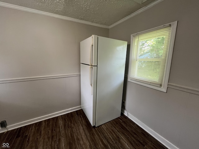 1730 N Graham Ave, Indianapolis, IN 46218 - kitchen with freestanding refrigerator, dark wood-style floors, ornamental molding, a textured ceiling, and wainscoting