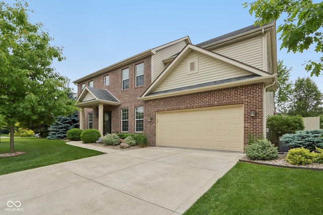11844 Pine Meadow Cir, Fishers, IN 46037 - view of front of house featuring brick siding, concrete driveway, a front yard, and an attached garage