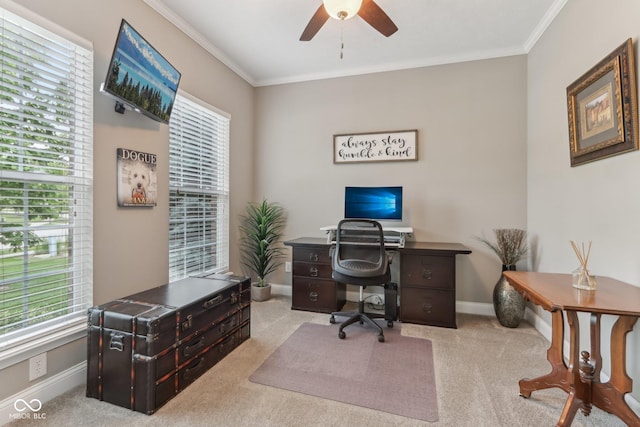 11844 Pine Meadow Cir, Fishers, IN 46037 - office area with ceiling fan, carpet, crown molding, and baseboards