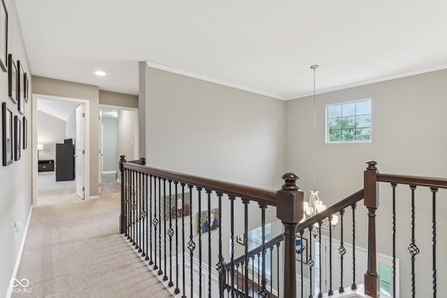 11844 Pine Meadow Cir, Fishers, IN 46037 - corridor featuring an upstairs landing, baseboards, light carpet, crown molding, and recessed lighting