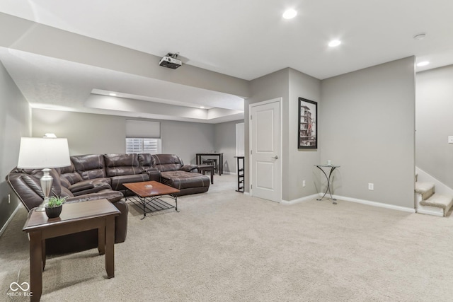 11844 Pine Meadow Cir, Fishers, IN 46037 - living room featuring carpet floors, baseboards, a tray ceiling, and recessed lighting
