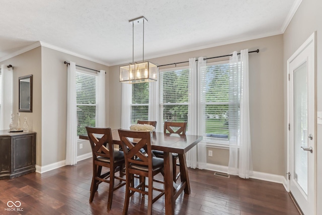 11844 Pine Meadow Cir, Fishers, IN 46037 - dining area featuring dark wood finished floors, baseboards, plenty of natural light, ornamental molding, and a textured ceiling
