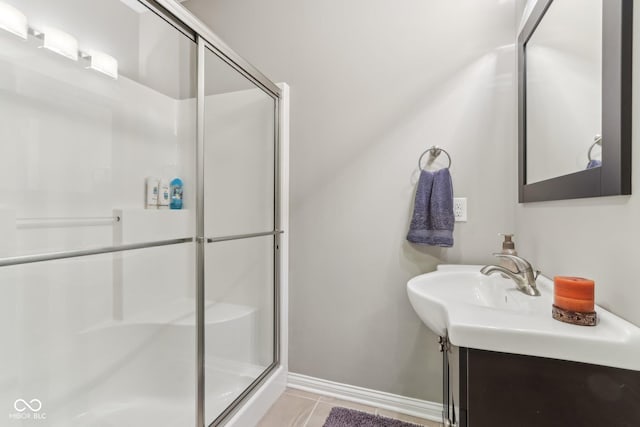 11844 Pine Meadow Cir, Fishers, IN 46037 - bathroom with a shower stall, vanity, baseboards, and tile patterned floors
