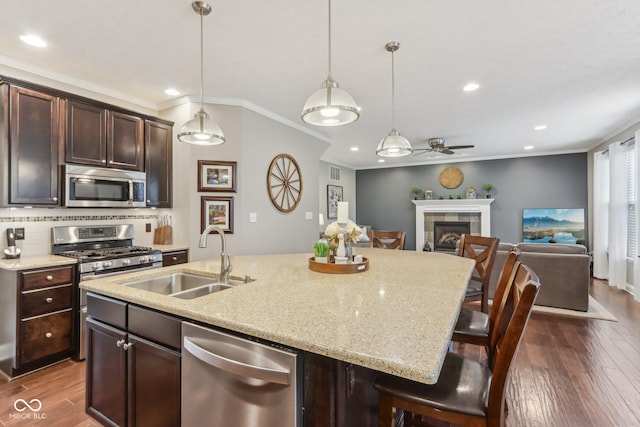 11844 Pine Meadow Cir, Fishers, IN 46037 - kitchen featuring appliances with stainless steel finishes, a sink, ceiling fan, dark wood-style floors, and dark brown cabinetry