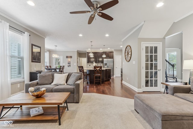 11844 Pine Meadow Cir, Fishers, IN 46037 - living area featuring crown molding, recessed lighting, dark wood-style flooring, a ceiling fan, and baseboards