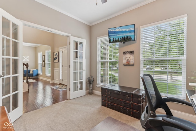 11844 Pine Meadow Cir, Fishers, IN 46037 - office featuring french doors, ornamental molding, carpet, ceiling fan, and healthy amount of natural light