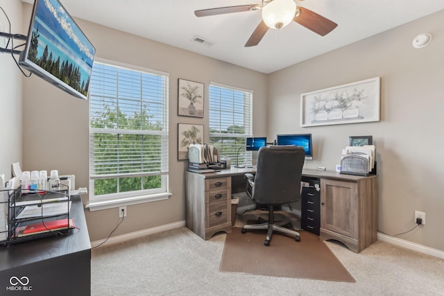 11844 Pine Meadow Cir, Fishers, IN 46037 - office area featuring baseboards, plenty of natural light, light carpet, and ceiling fan