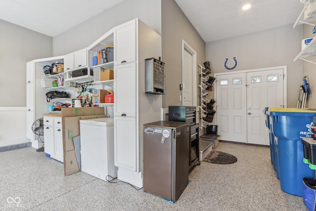 11844 Pine Meadow Cir, Fishers, IN 46037 - kitchen featuring open shelves, white cabinets, and dark aggregate flooring