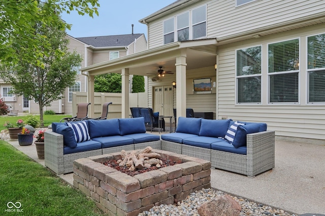 11844 Pine Meadow Cir, Fishers, IN 46037 - view of patio with an outdoor living space with a fire pit and a ceiling fan