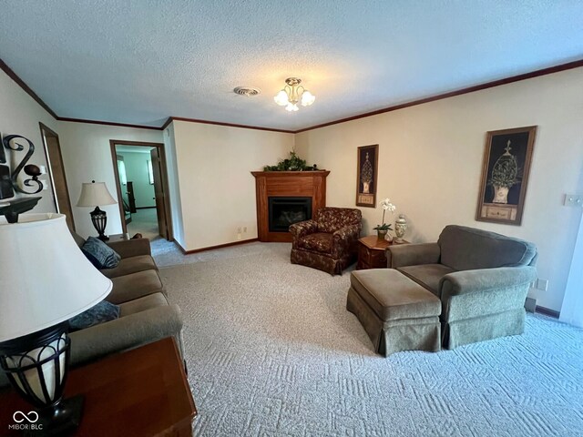 619 W 350 N, Covington, IN 47932 - living area featuring carpet, ornamental molding, a textured ceiling, baseboards, and a chandelier