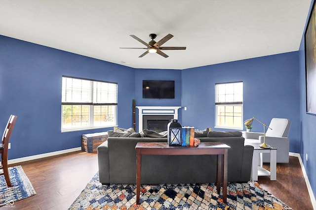 442 Mozart Dr, Greenfield, IN 46140 - living area featuring ceiling fan, wood finished floors, a glass covered fireplace, and baseboards