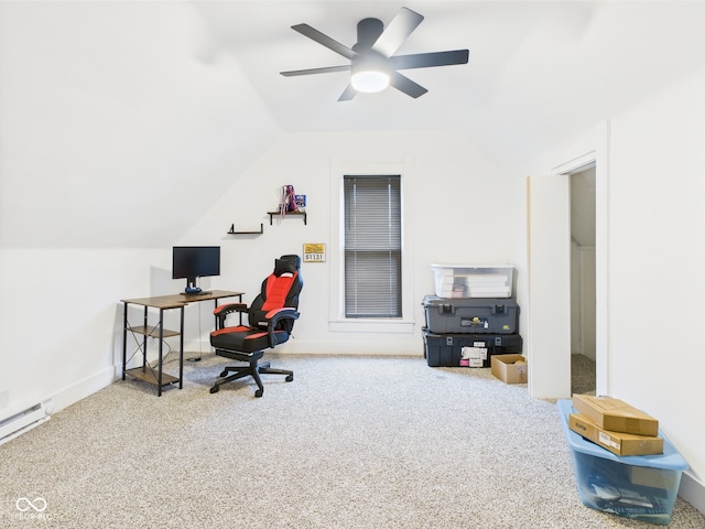 201 N 11th St, Elwood, IN 46036 - office area with carpet, vaulted ceiling, a ceiling fan, and baseboards
