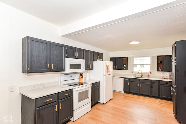 201 N 11th St, Elwood, IN 46036 - kitchen featuring white appliances, a sink, light wood-type flooring, open shelves, and light stone countertops