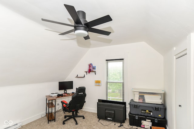 201 N 11th St, Elwood, IN 46036 - carpeted office space featuring baseboard heating, vaulted ceiling, baseboards, and ceiling fan
