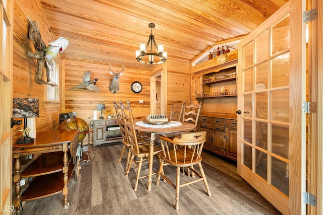 242 W Warford Dr, Princes Lakes, IN 46164 - dining room with wooden ceiling, lofted ceiling, dark wood-style floors, a chandelier, and wooden walls