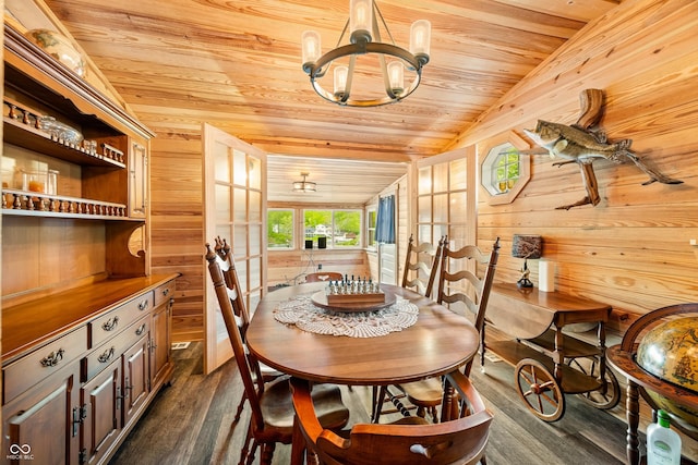242 W Warford Dr, Princes Lakes, IN 46164 - dining area featuring wooden ceiling, wooden walls, a chandelier, dark wood-type flooring, and vaulted ceiling