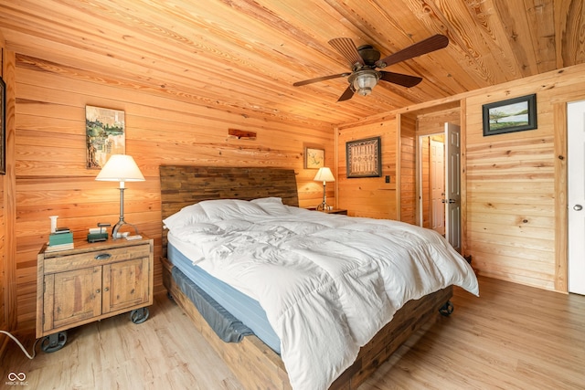 242 W Warford Dr, Princes Lakes, IN 46164 - bedroom featuring wood ceiling, wooden walls, light wood finished floors, and ceiling fan