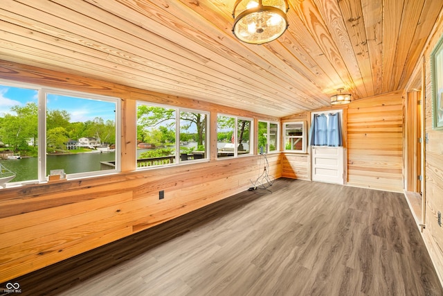 242 W Warford Dr, Princes Lakes, IN 46164 - unfurnished sunroom featuring lofted ceiling, a water view, wood walls, wood finished floors, and wooden ceiling
