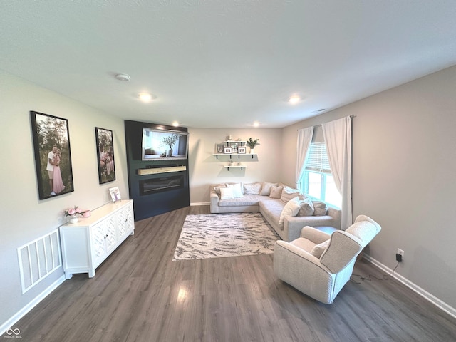 1056 Bent Branch Ln, Greenwood, IN 46143 - living room with dark wood finished floors, baseboards, and a glass covered fireplace