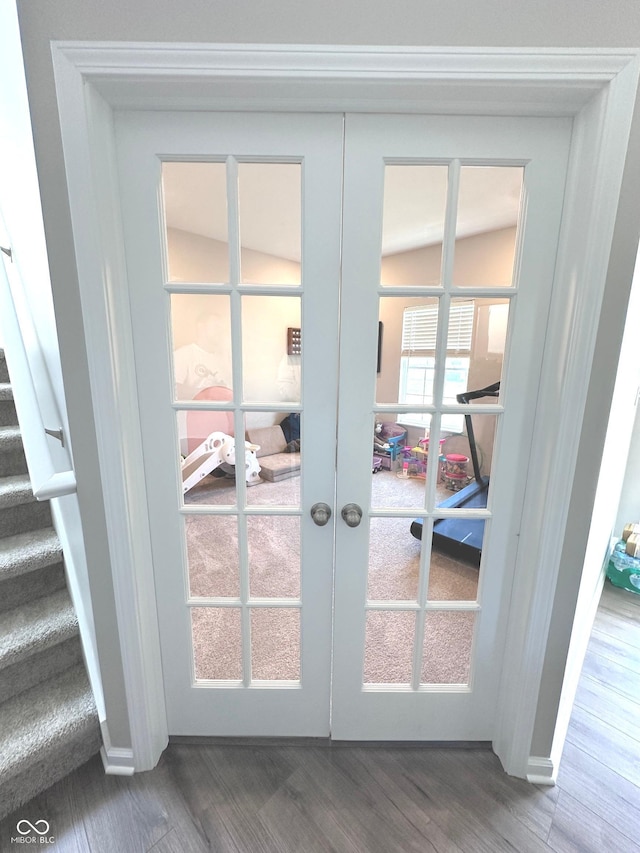 1056 Bent Branch Ln, Greenwood, IN 46143 - doorway to outside with french doors, wood finished floors, and stairs