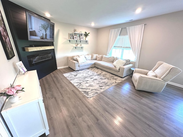 1056 Bent Branch Ln, Greenwood, IN 46143 - living room with a fireplace, wood finished floors, baseboards, and recessed lighting