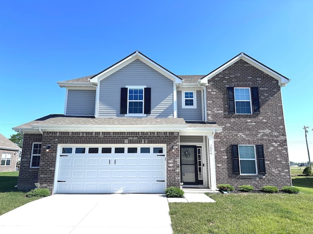 1056 Bent Branch Ln, Greenwood, IN 46143 - traditional home with concrete driveway, brick siding, a front lawn, and an attached garage