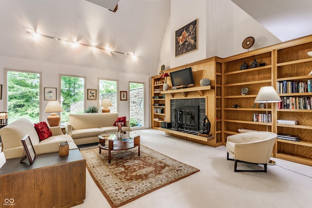5326 White Marsh Ln, Indianapolis, IN 46226 - carpeted living room with track lighting, a tiled fireplace, and high vaulted ceiling