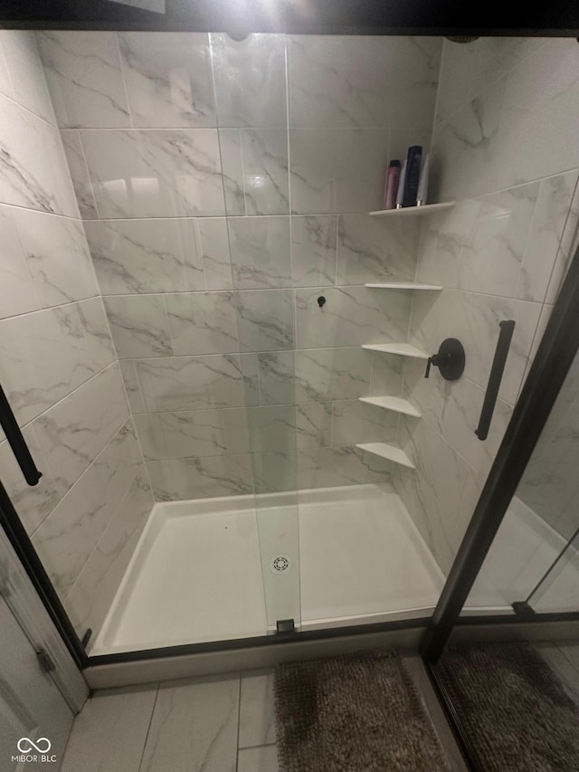 9527 Pepperidge Dr, Indianapolis, IN 46235 - full bathroom featuring a stall shower and marble finish flooring