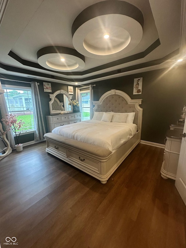 9527 Pepperidge Dr, Indianapolis, IN 46235 - bedroom with a tray ceiling, dark wood-style flooring, baseboards, and a ceiling fan