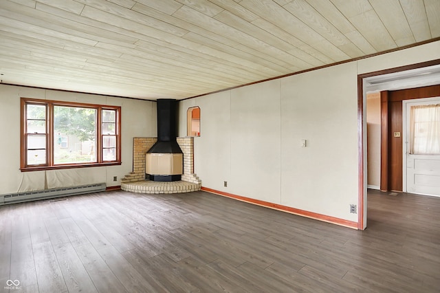 6580 N US Highway 31, Whiteland, IN 46184 - unfurnished living room featuring baseboard heating, wooden ceiling, dark wood-type flooring, ornamental molding, and baseboards