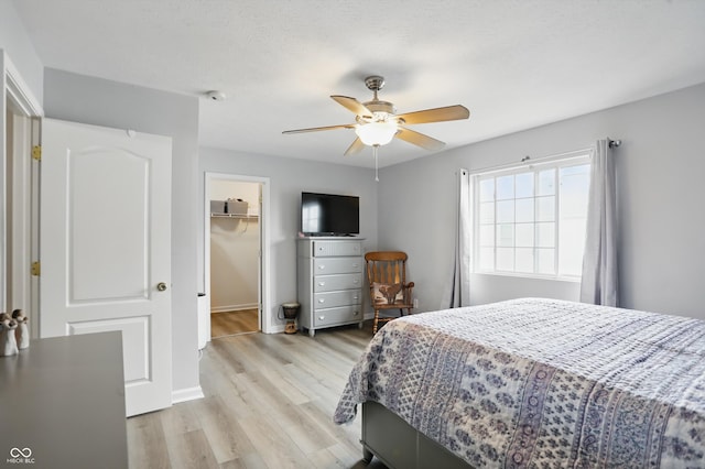 9771 Blue Violet Dr, Noblesville, IN 46060 - bedroom featuring light wood-style flooring, a closet, baseboards, a ceiling fan, and a walk in closet