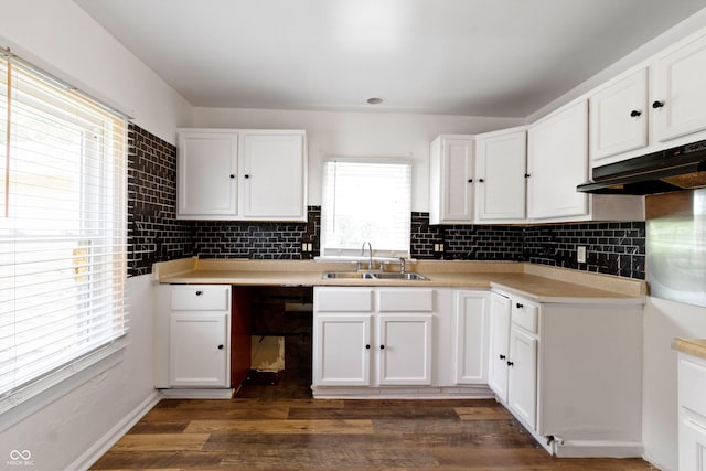 3636 Crescent Ave, Indianapolis, IN 46208 - kitchen with a sink, under cabinet range hood, white cabinets, and backsplash