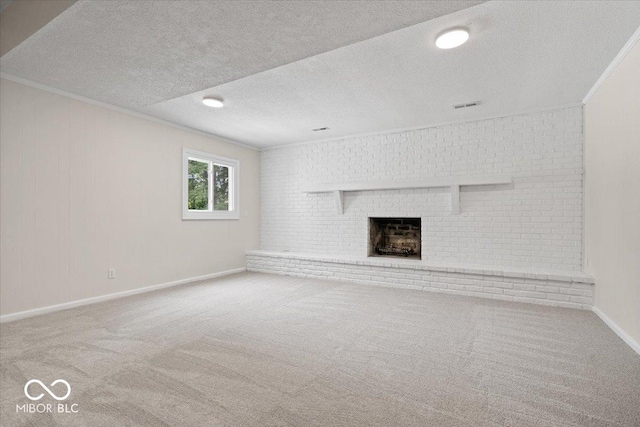 11123 Haverstick Rd, Carmel, IN 46033 - unfurnished living room with crown molding, carpet floors, a fireplace, a textured ceiling, and baseboards