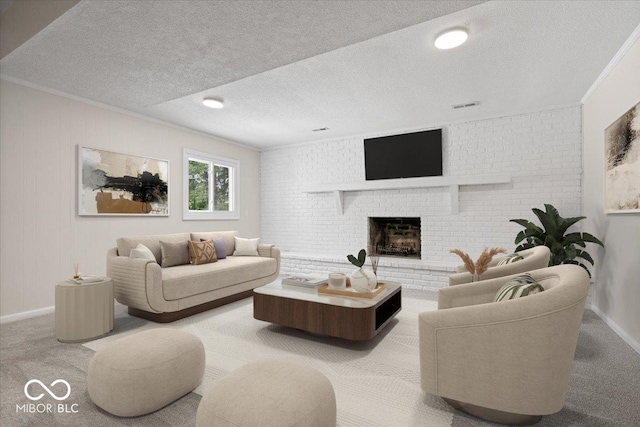 11123 Haverstick Rd, Carmel, IN 46033 - living room with crown molding, carpet flooring, a textured ceiling, a brick fireplace, and baseboards