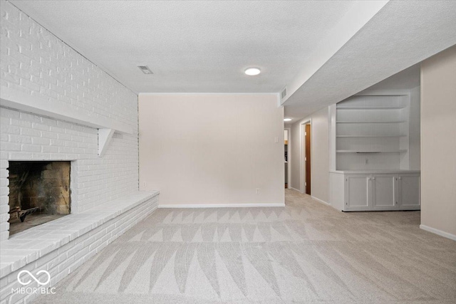 11123 Haverstick Rd, Carmel, IN 46033 - unfurnished living room with light colored carpet, a textured ceiling, baseboards, built in shelves, and a brick fireplace