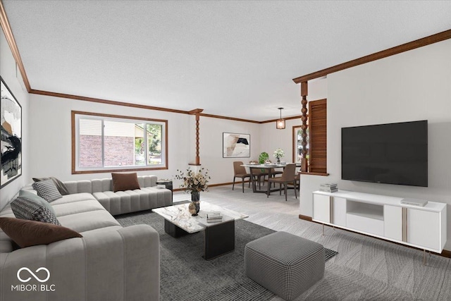 11123 Haverstick Rd, Carmel, IN 46033 - carpeted living area featuring crown molding, healthy amount of natural light, baseboards, and a textured ceiling