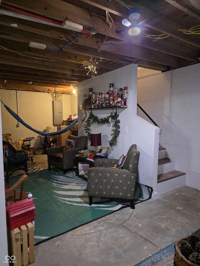 6305 W Hickory Hill Dr, North Vernon, IN 47265 - unfinished basement featuring stairway and electric panel