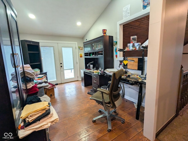 6336 N Carroll Rd, Indianapolis, IN 46235 - office area with french doors, lofted ceiling, wood finished floors, and recessed lighting