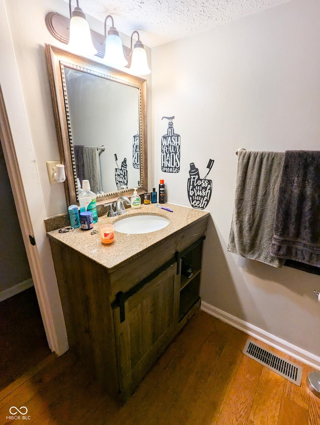 6336 N Carroll Rd, Indianapolis, IN 46235 - bathroom with vanity, wood finished floors, baseboards, and a textured ceiling
