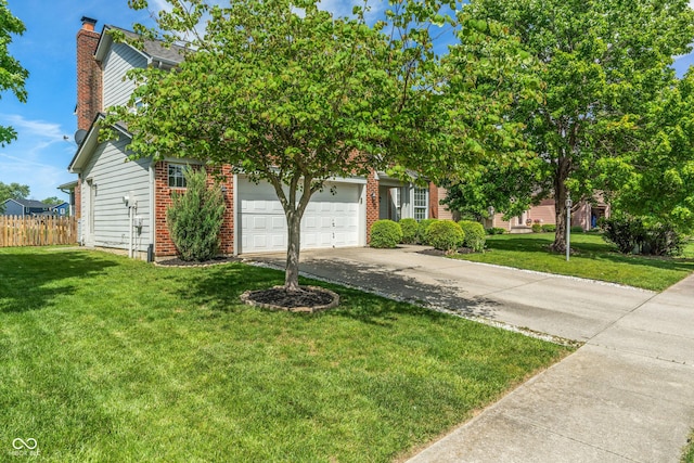 8376 Glen Highlands Dr, Indianapolis, IN 46236 - view of property hidden behind natural elements with driveway, brick siding, an attached garage, and a chimney