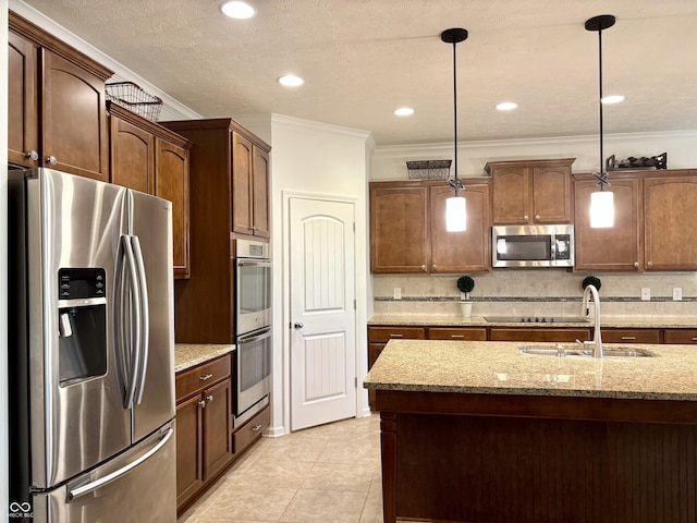 11700 Harvest Moon Dr, Noblesville, IN 46060 - kitchen with appliances with stainless steel finishes, crown molding, decorative backsplash, pendant lighting, and light tile patterned floors