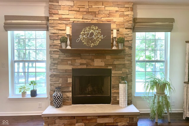 11700 Harvest Moon Dr, Noblesville, IN 46060 - detailed view of ornamental molding, wood finished floors, and a fireplace