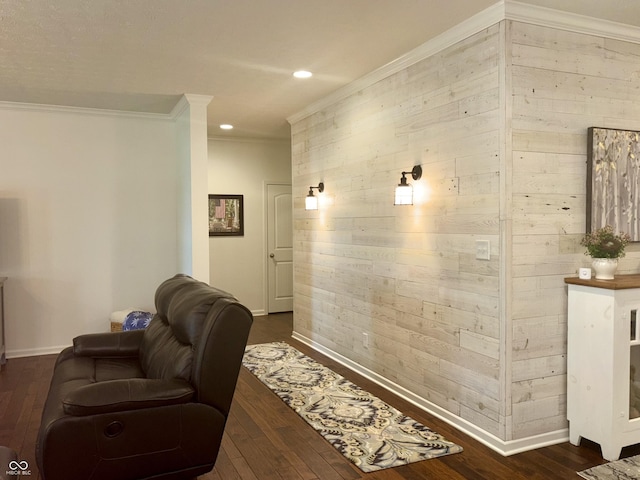11700 Harvest Moon Dr, Noblesville, IN 46060 - living area featuring dark wood-type flooring, wooden walls, ornamental molding, and recessed lighting